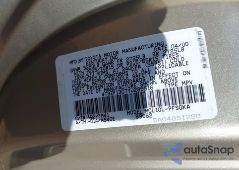 2000 Toyota Sienna Xle z USA, uszkodzony, nr VIN 4T3ZF13C7YU289516